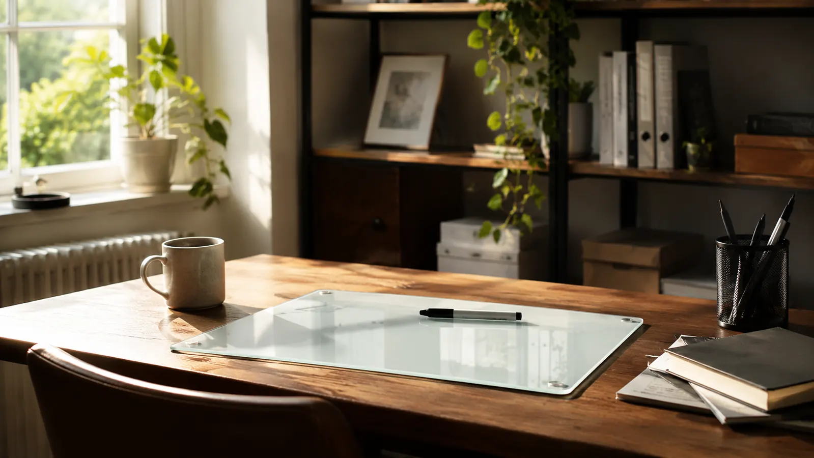 Small glass whiteboard sitting flat on a home office desk next to a keyboard, with a short to-do list written on it in dry erase marker