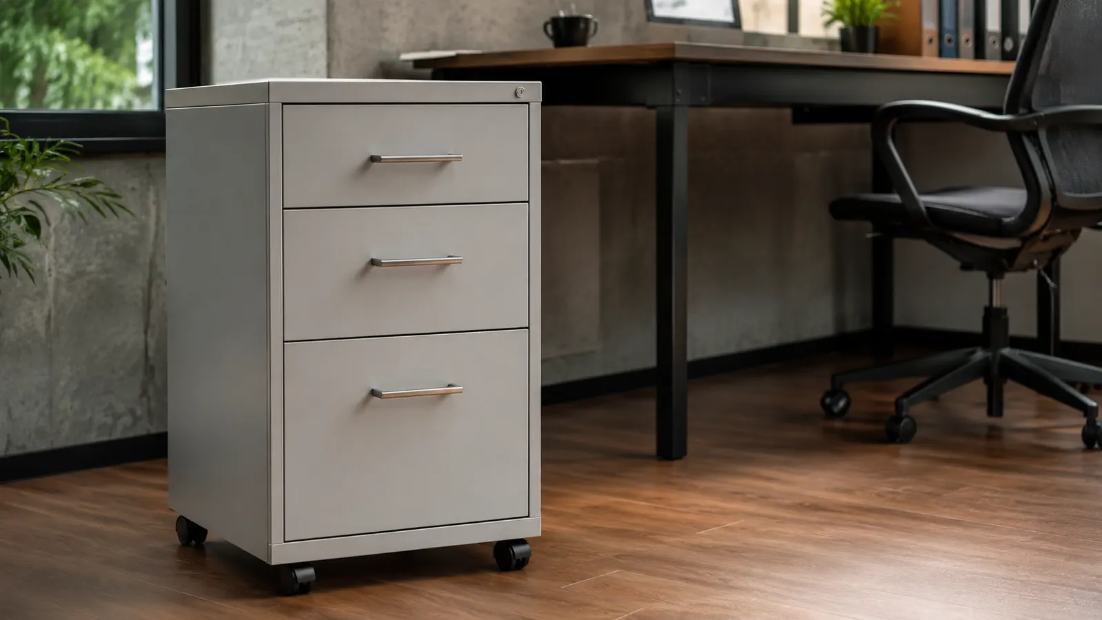 Rolling file cabinet drawers each labeled by category next to a home office desk