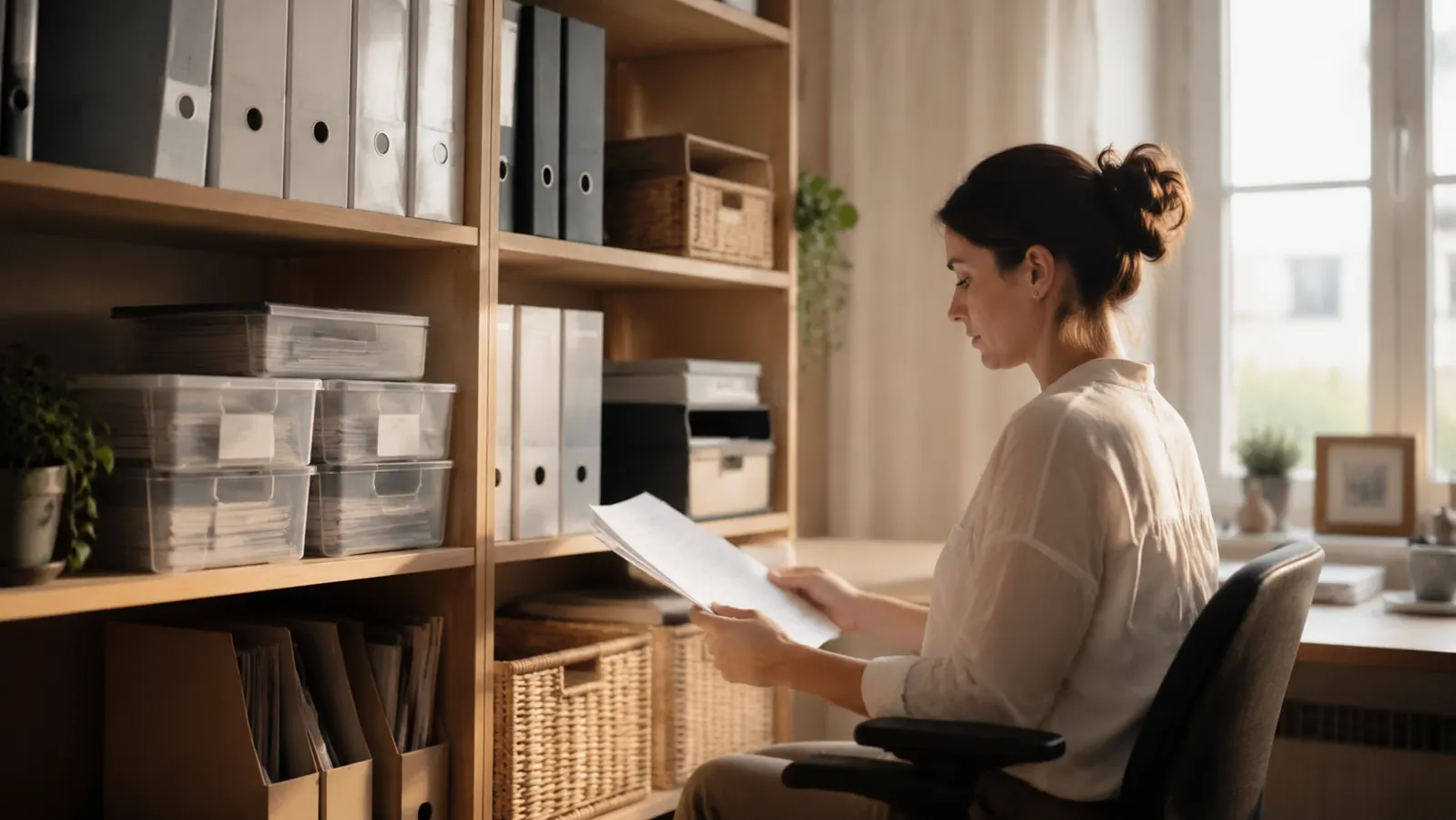Neatly labeled file folders and storage bins on a home office shelf, each with a printed white label
