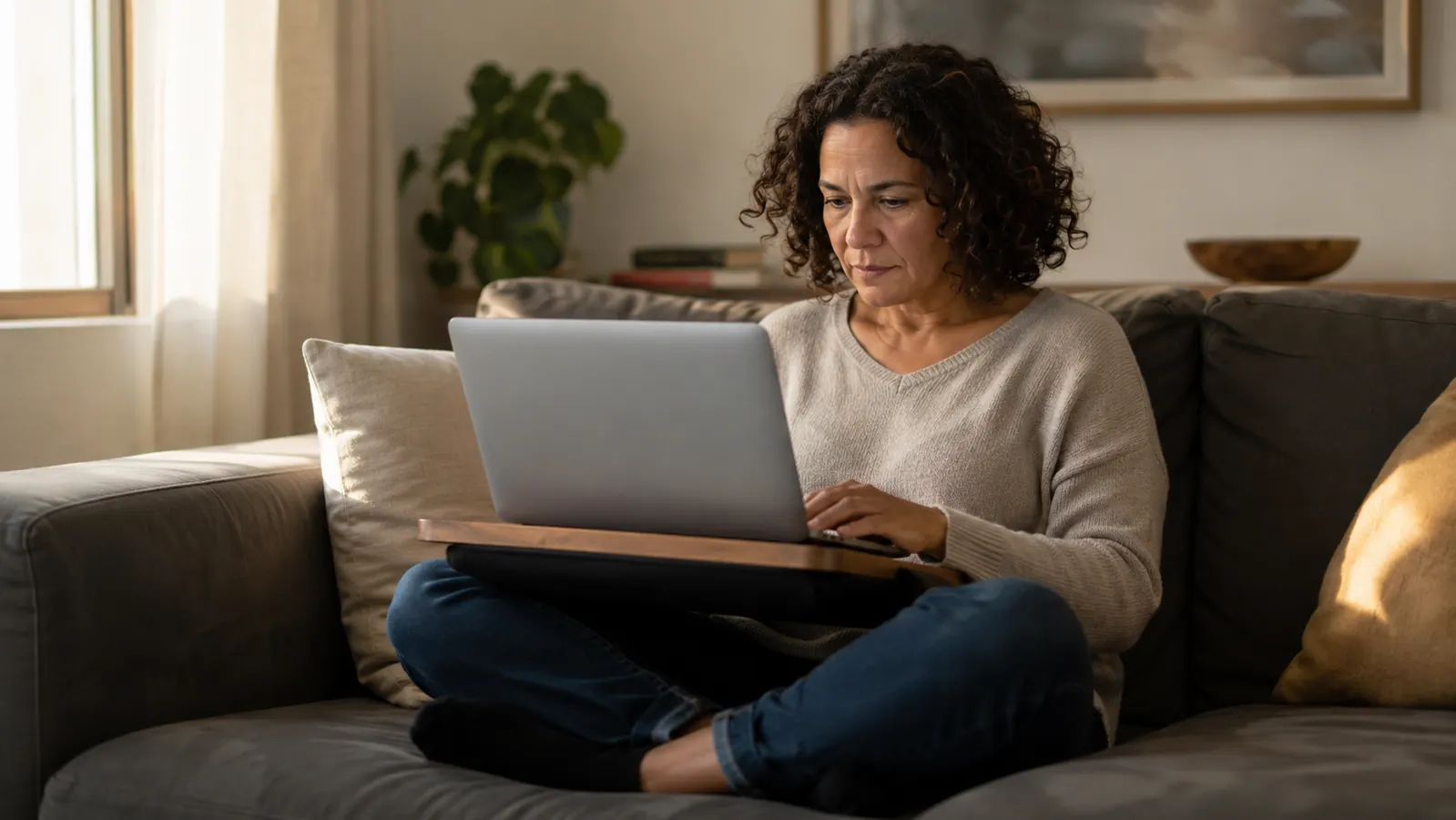 Person working on a laptop set on an adjustable lap desk while sitting on a couch