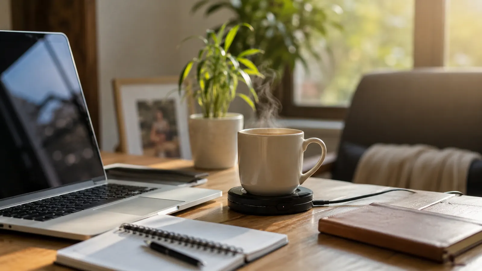 A steaming mug sitting on a small electric warmer plate on a home office desk beside a laptop, morning light coming through the window