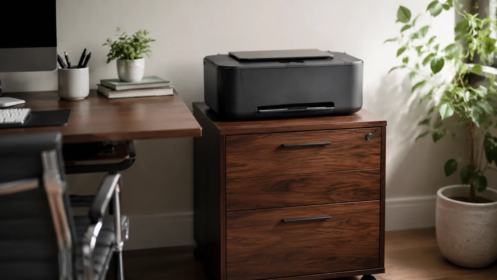 A clean home office desk with a printer sitting on top of the rolling file cabinet used as a printer stand