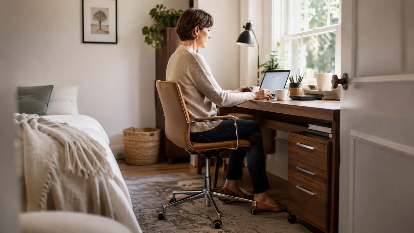 A walnut-finish rolling file cabinet tucked under a home office desk beside a laptop and a small stack of folders