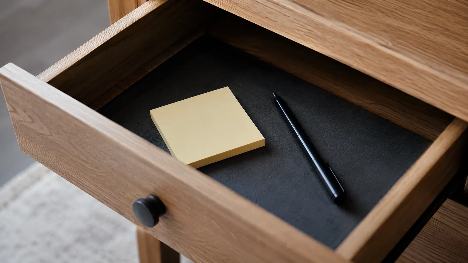 Close-up of a desk drawer with a small pad of sticky notes kept for quick one-off reminders