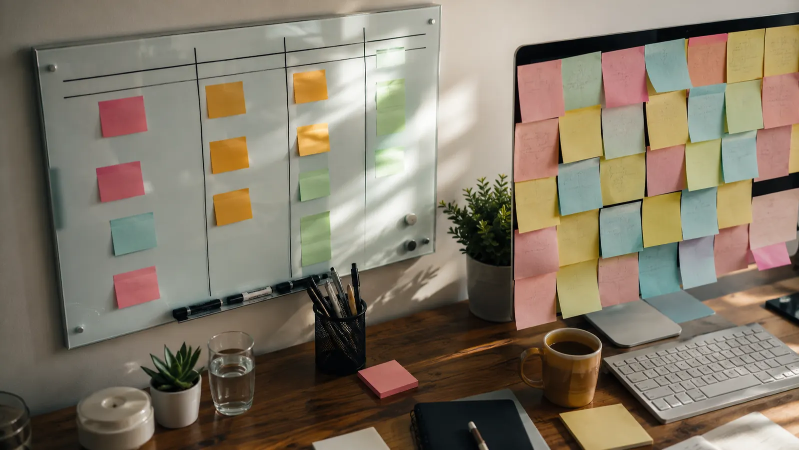 Split-style desk scene showing a clean glass whiteboard planner on one side and a cluster of curling sticky notes on the other