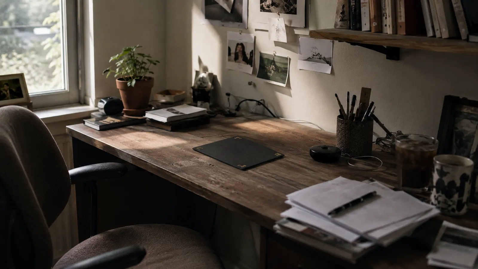 Home office desk viewed from the doorway, small glass whiteboard visible in the corner beside a laptop and desk lamp