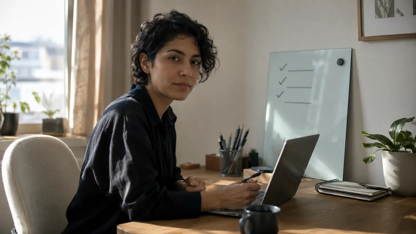 Small glass whiteboard propped on a home office desk with a coffee mug and a few sticky notes nearby