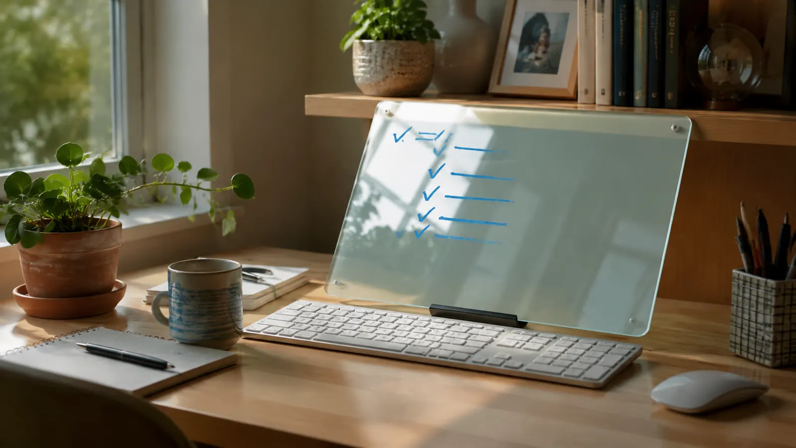 Glass desktop whiteboard sitting on a home office desk in front of a keyboard, with a dry erase marker resting on top