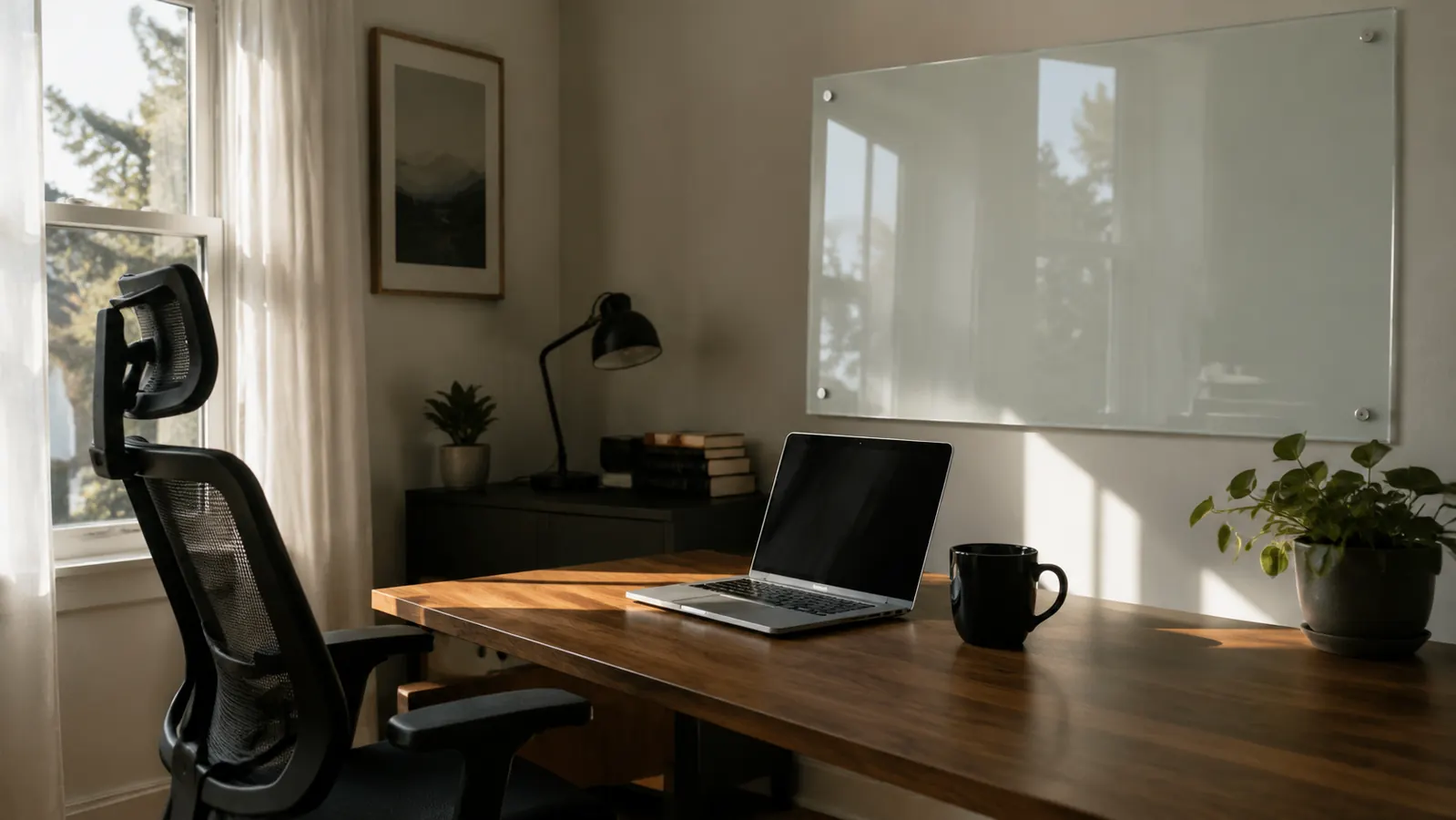 Clean, organized desk after switching from sticky notes to a glass whiteboard