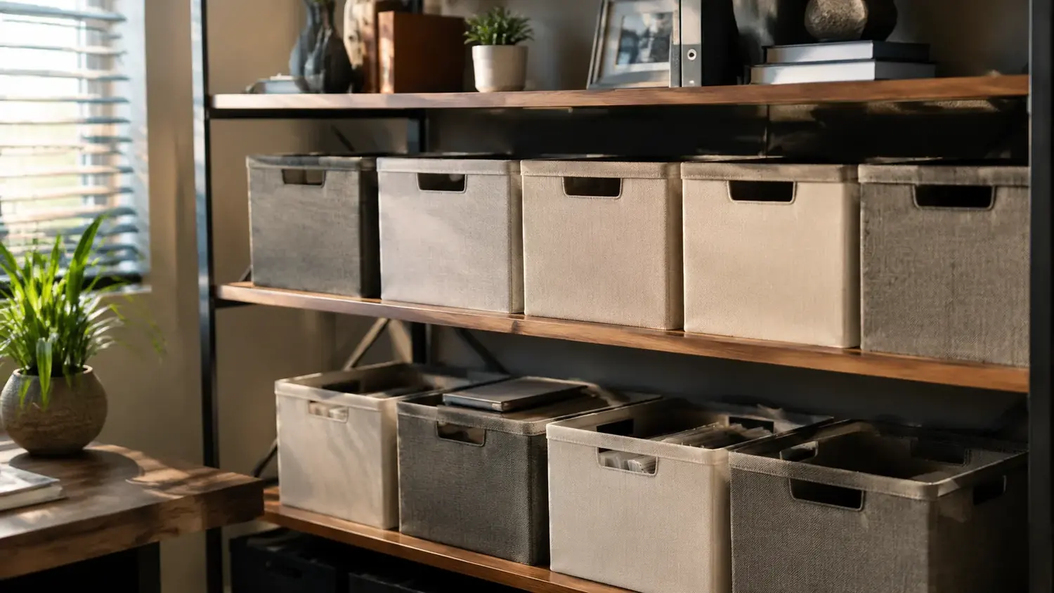 A row of labeled storage bins on a shelf in a home office