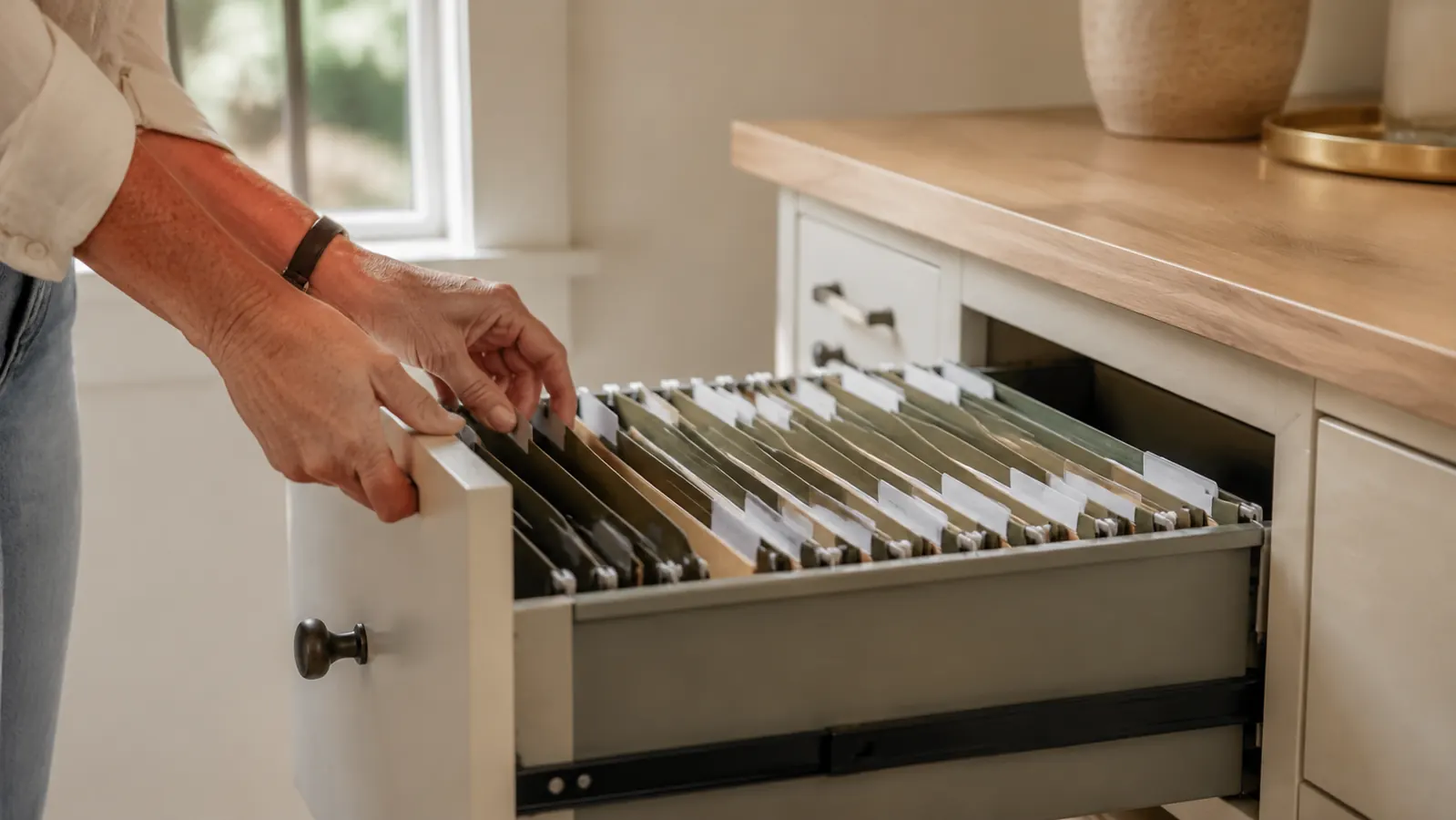 A tidy home office filing drawer with clearly labeled hanging folders