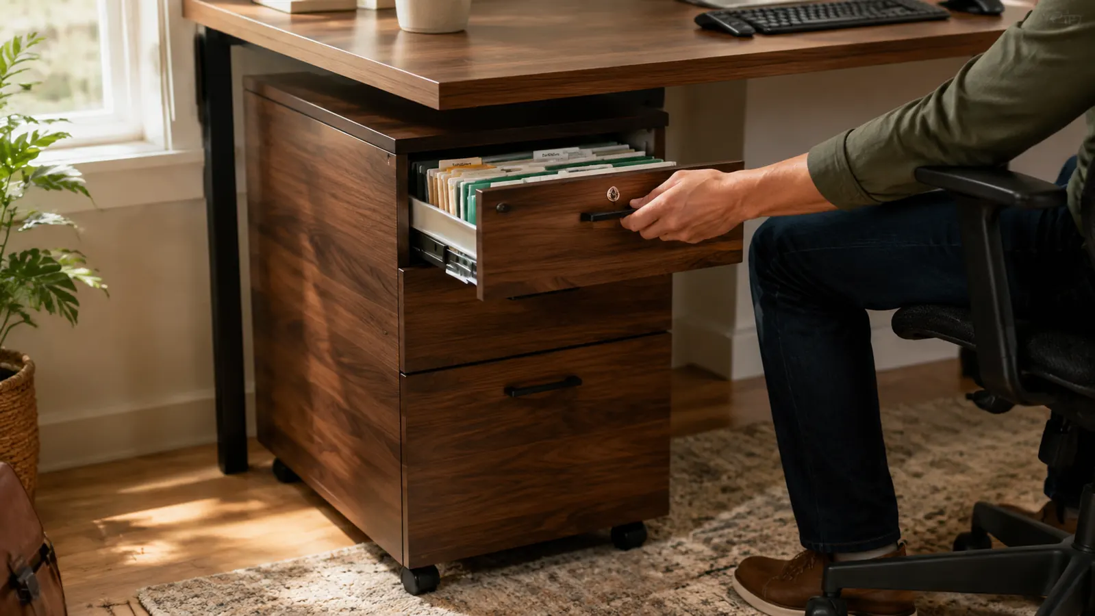 A hand opening the top drawer of a wood rolling file cabinet to reveal hanging folders