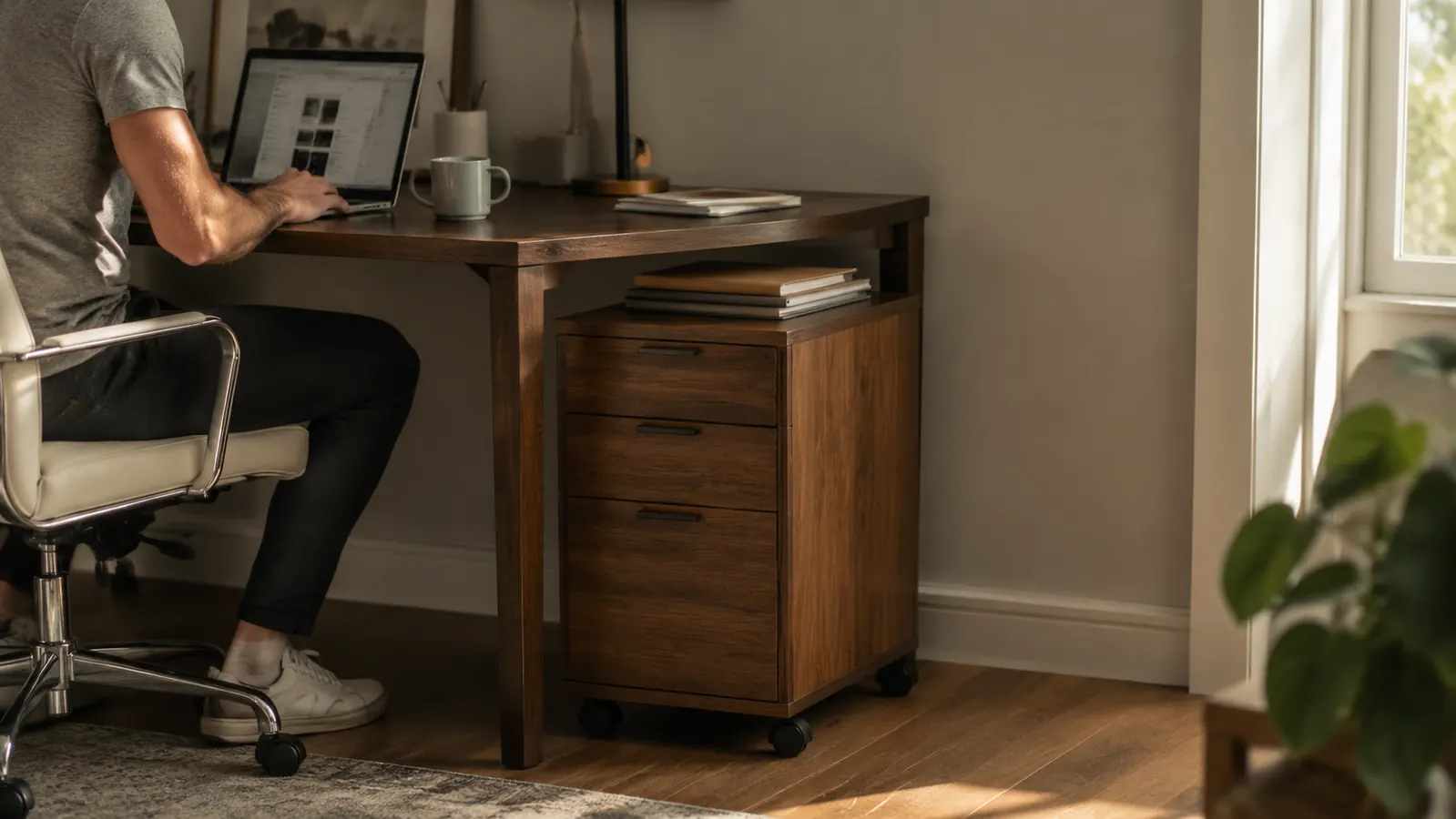 A tidy home office desk with a wood rolling file cabinet tucked underneath and a small stack of labeled folders on top