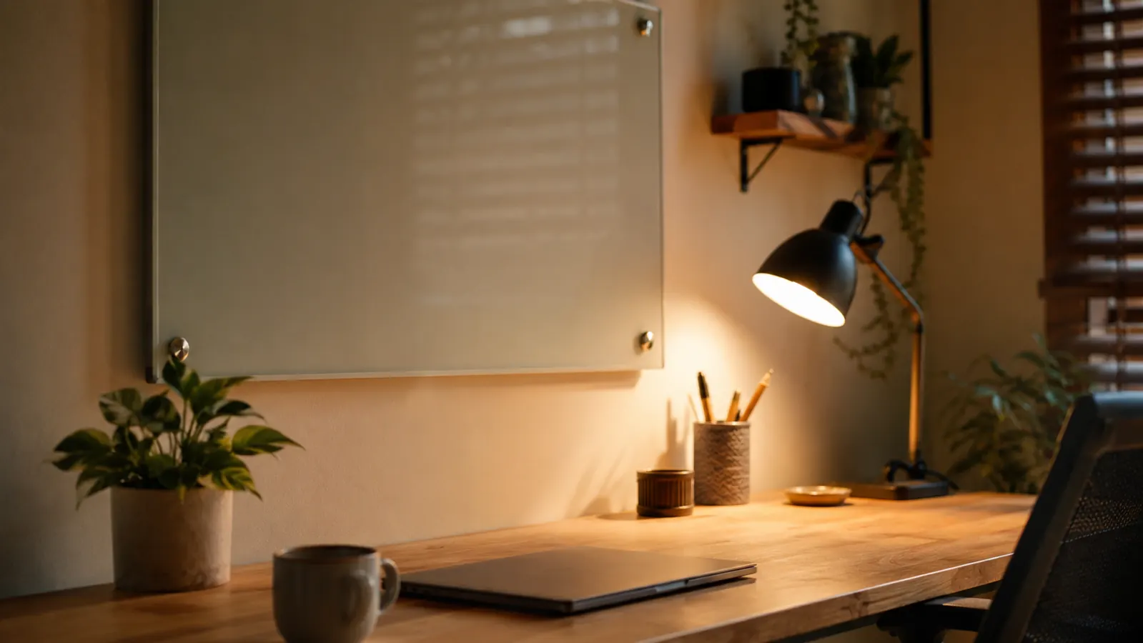 A tidy home office desk in the evening with a clean, wiped whiteboard and a laptop closed