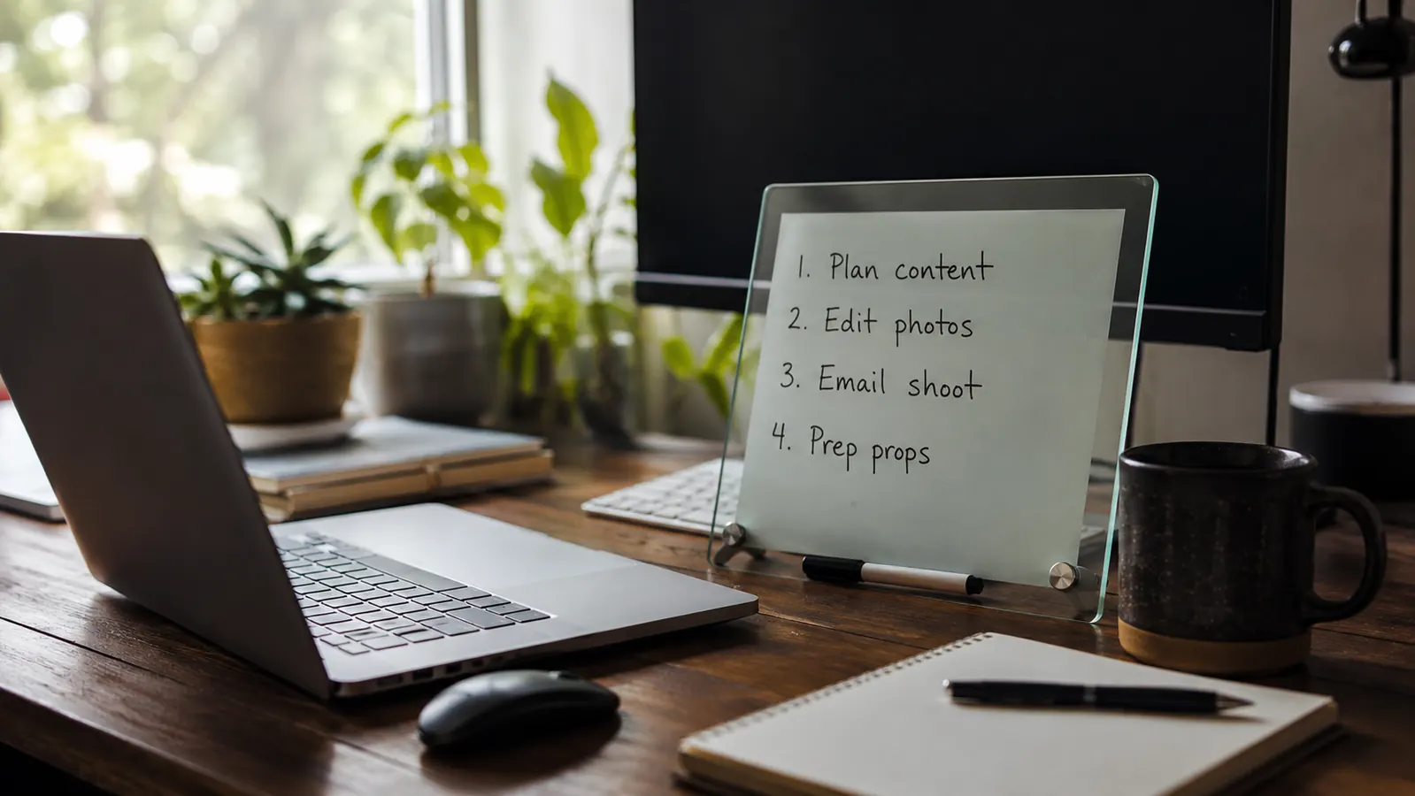 A small glass desktop whiteboard sitting on a home office desk with a short handwritten to-do list on it, morning light coming through a window