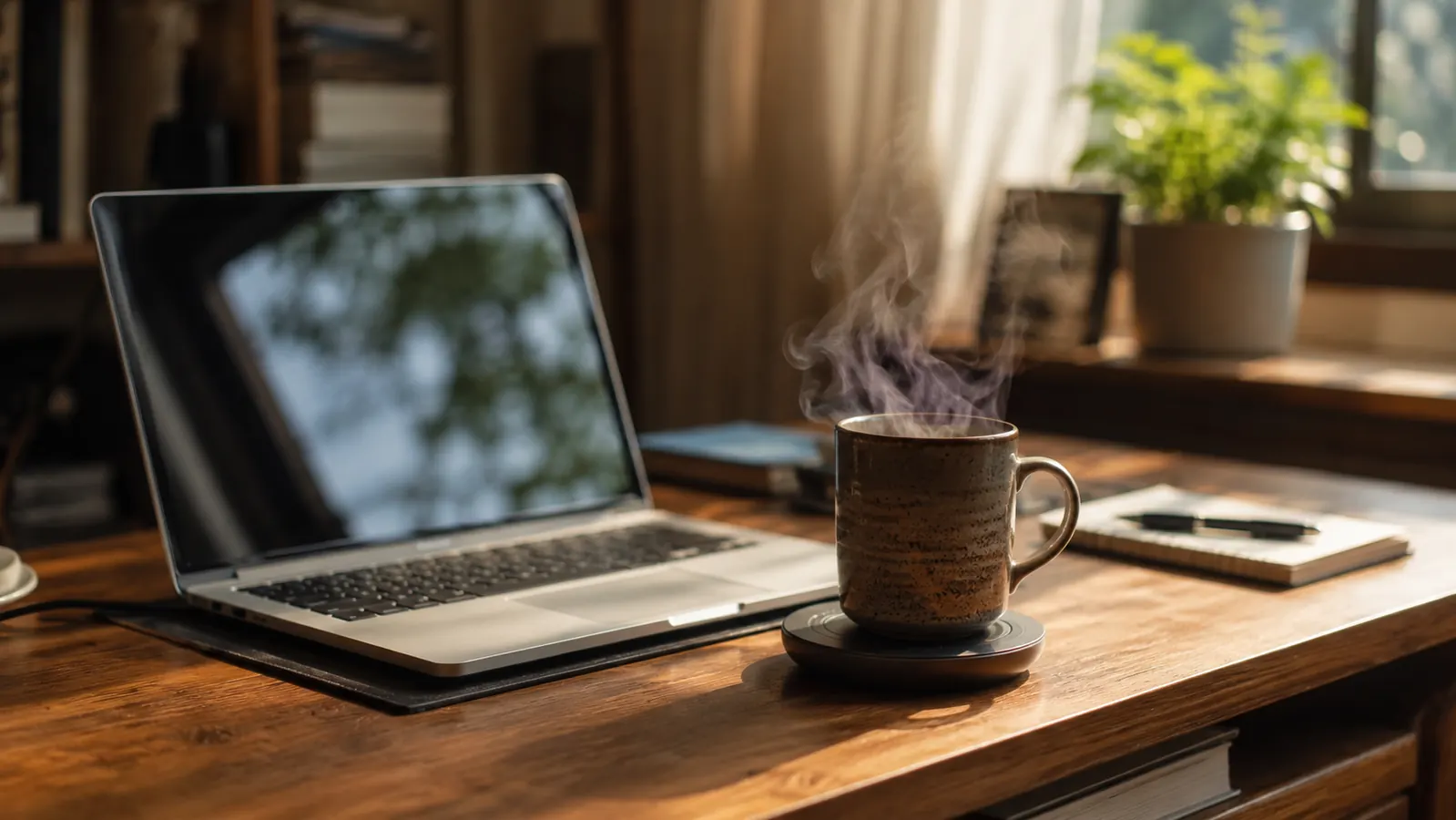 A steaming mug of coffee sitting on a small desk warmer next to a laptop in soft morning light