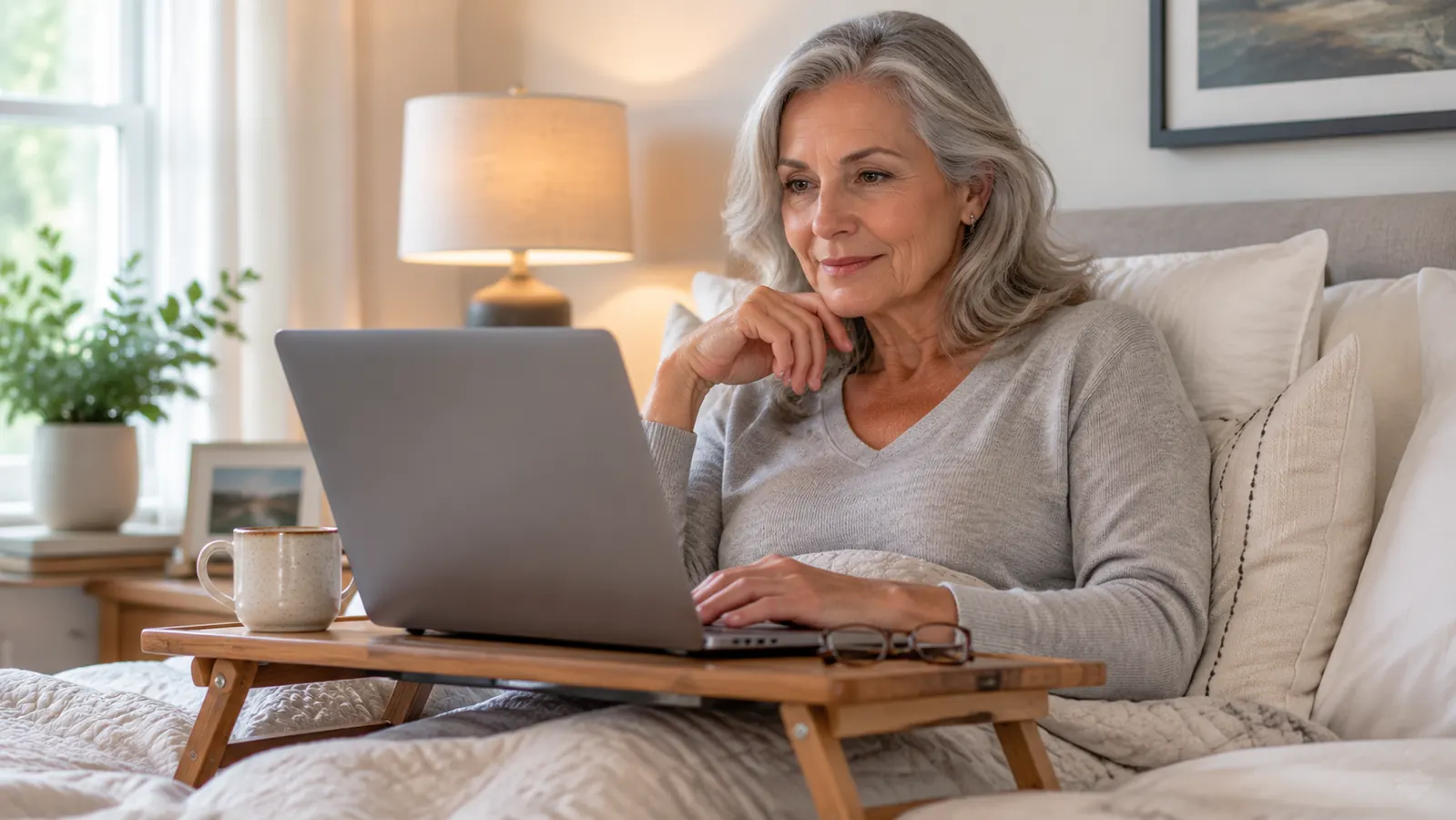 A woman propped up against pillows in bed working on a laptop set on an adjustable lap desk with morning light coming through the window