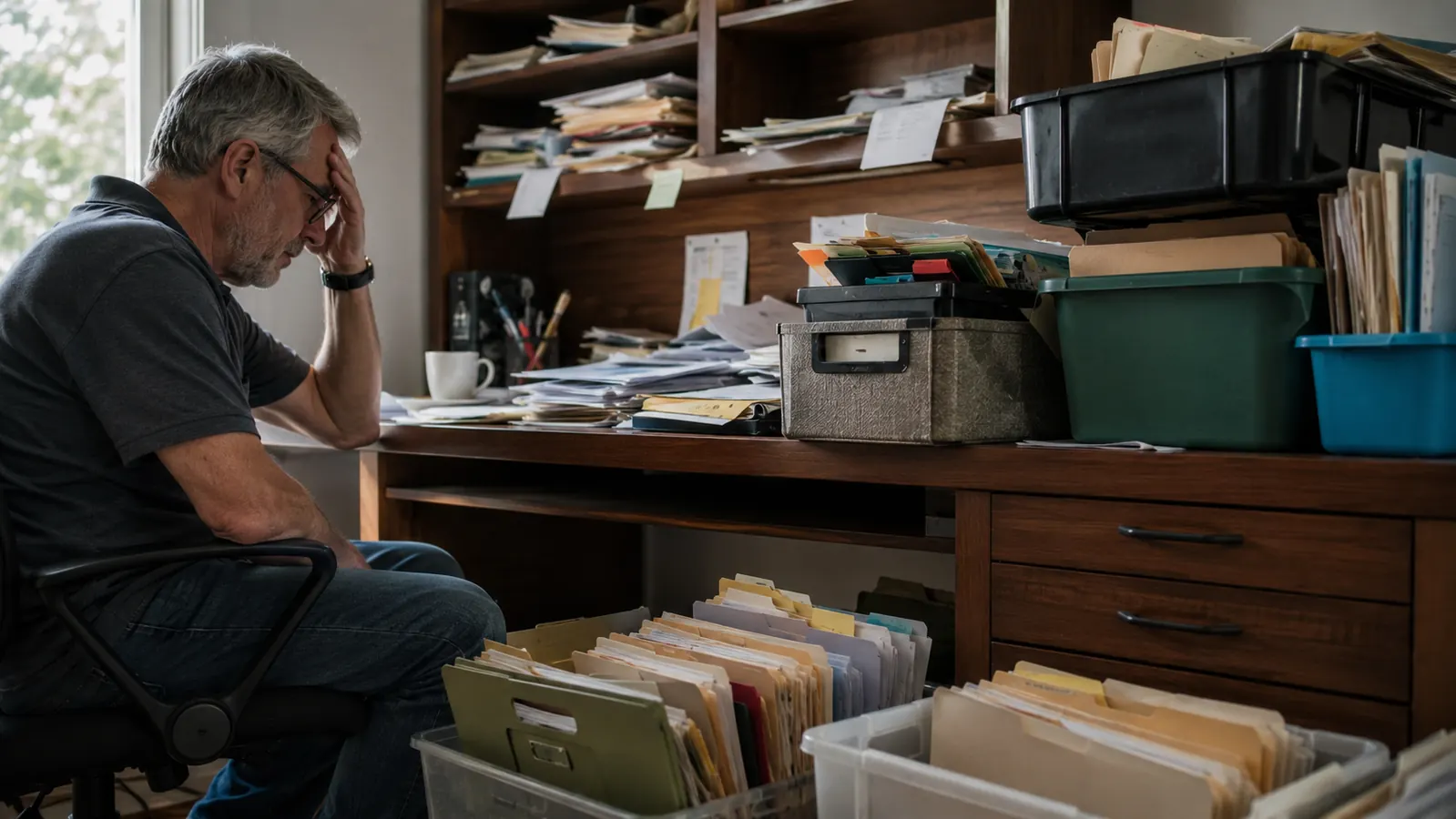 A cluttered home office desk with unlabeled file folders and plastic bins stacked haphazardly