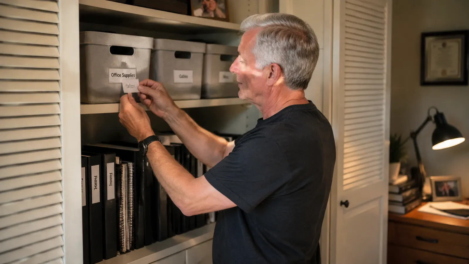 Older adult labeling storage bins in a home office closet with a label maker