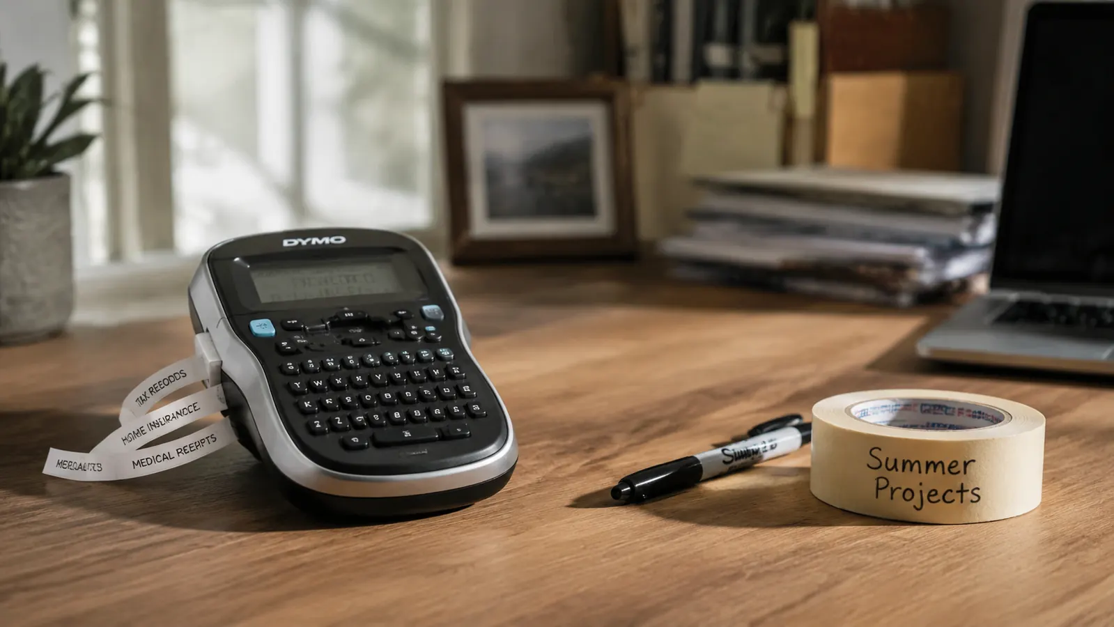 A DYMO label maker sitting on a home office desk next to a stack of labeled file folders and a plain marker with masking tape