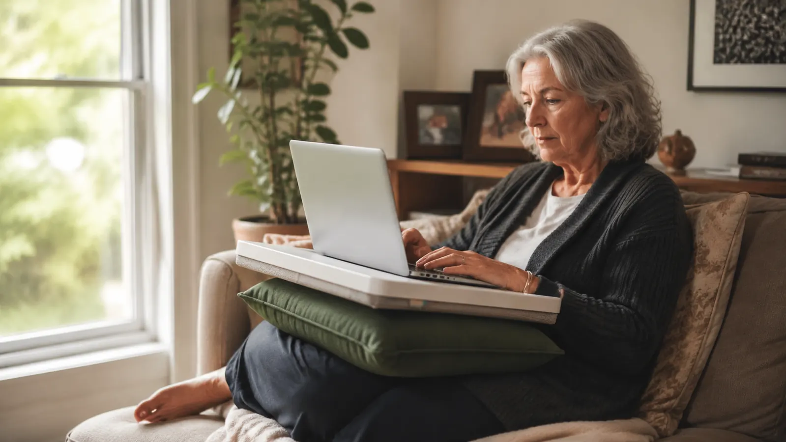 Woman working on a laptop propped on an adjustable lap desk while sitting on a couch with her knee up on a pillow