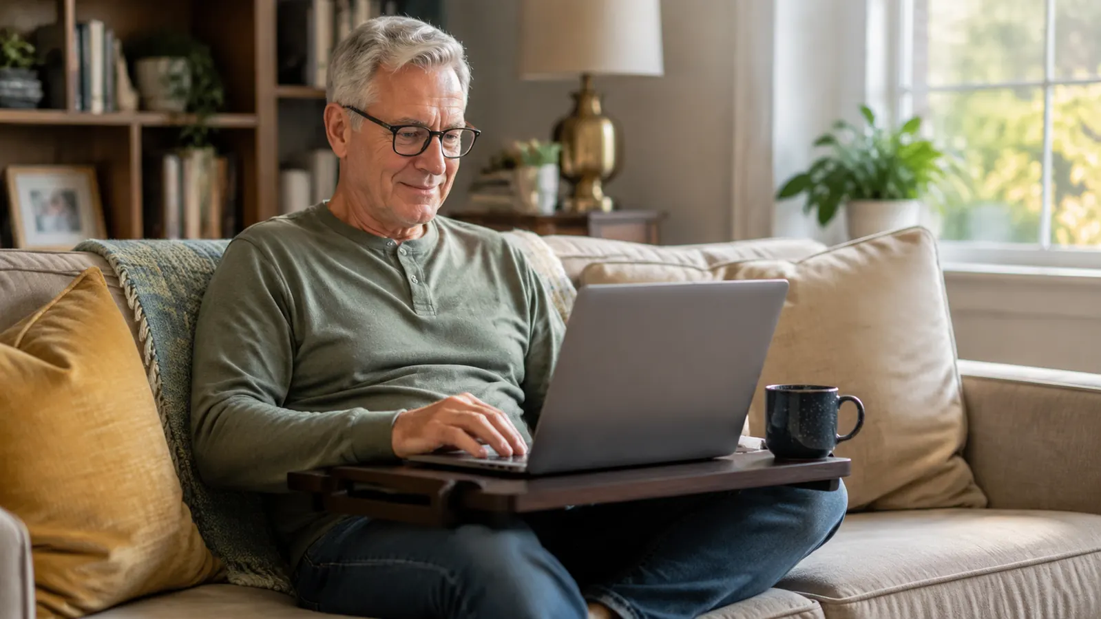 A person working on a laptop that sits on an adjustable lap desk while seated comfortably on a living room couch