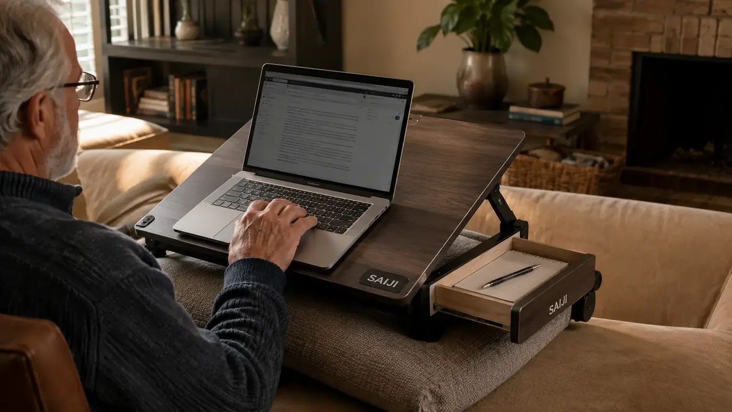 Adjustable laptop lap desk with a storage drawer set up on a couch cushion