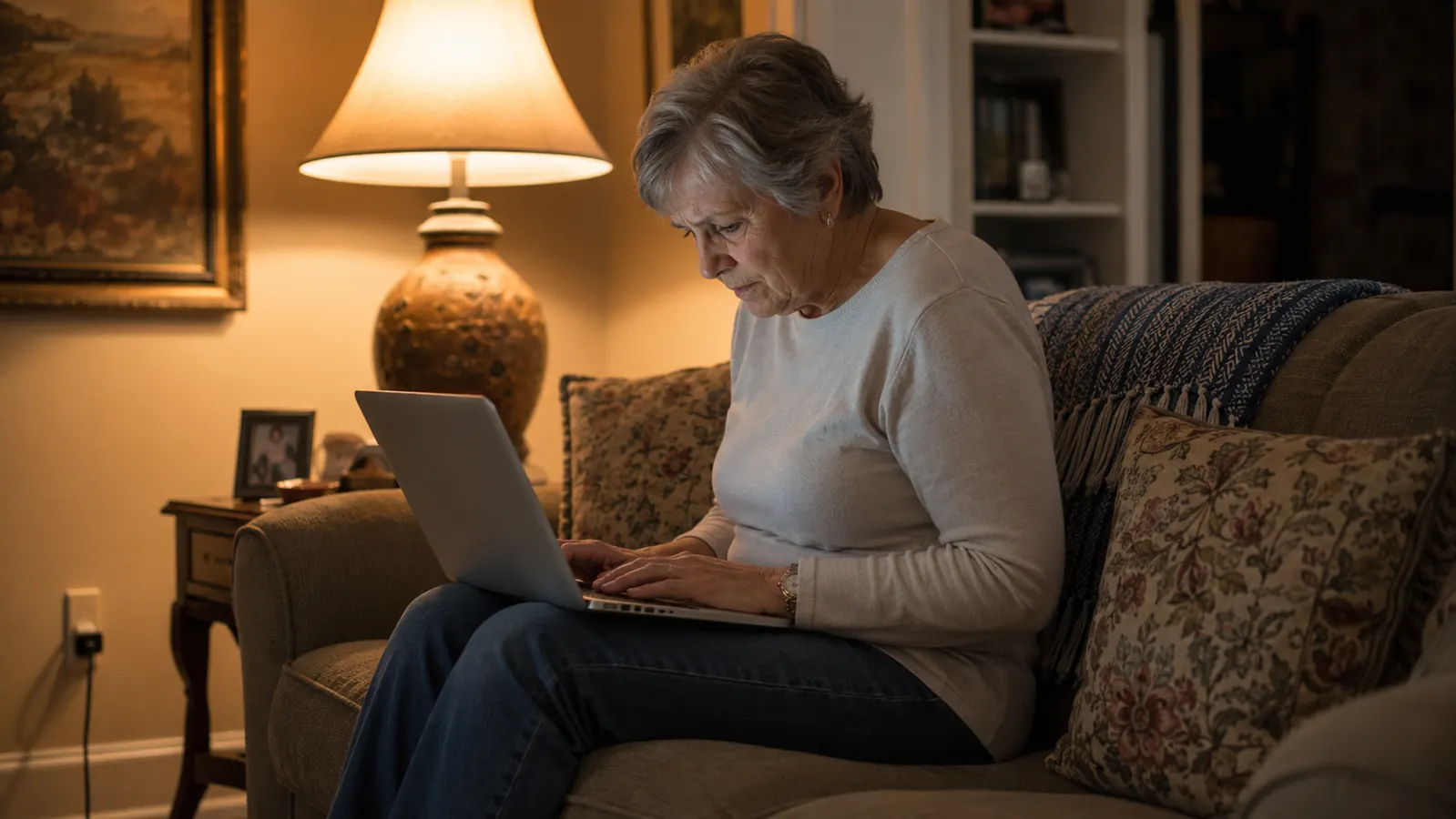 Woman hunched over a laptop balanced on her knees on a living room couch