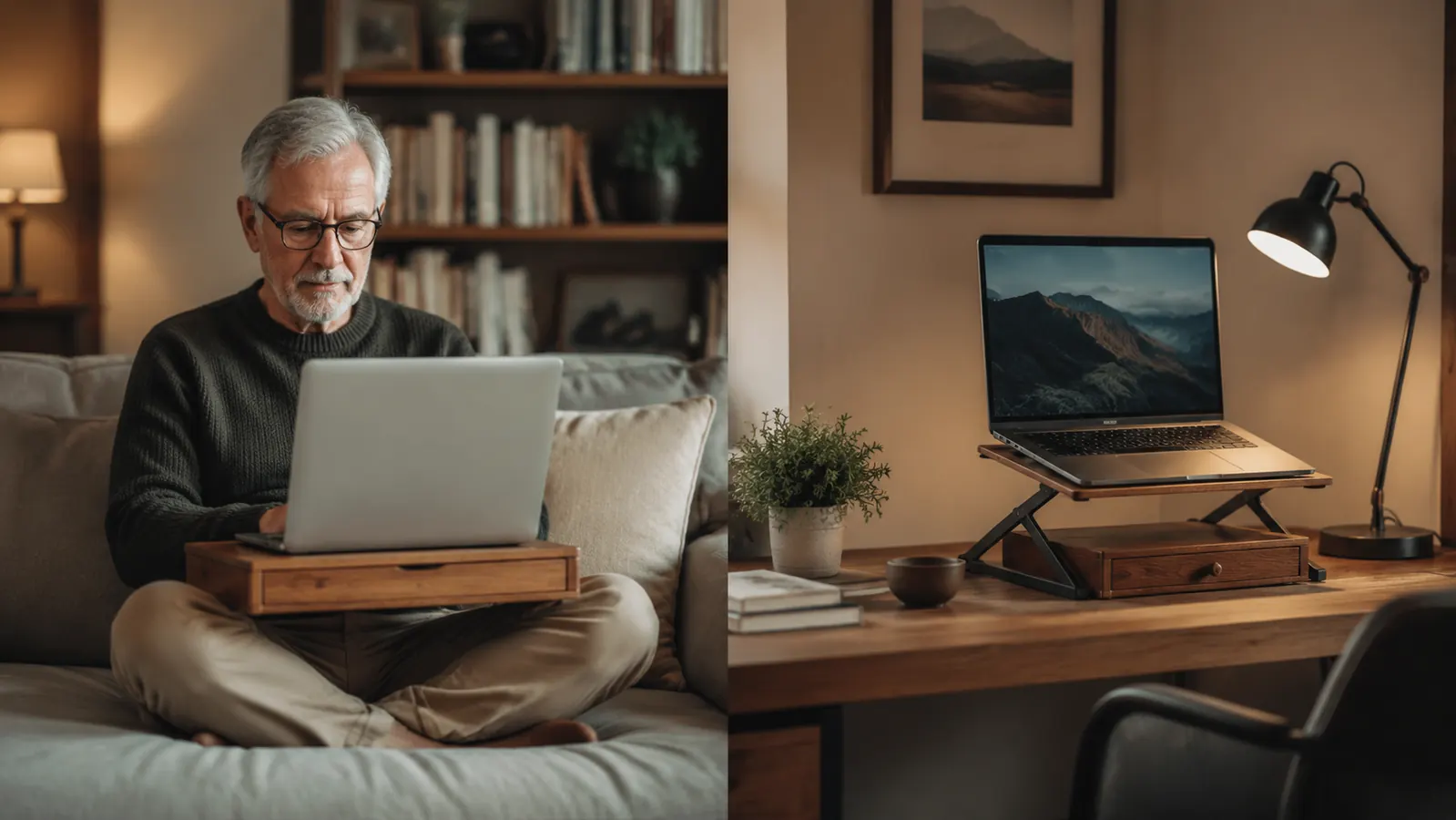 A lap desk with a laptop on a couch next to a laptop stand sitting on a desk in the same room