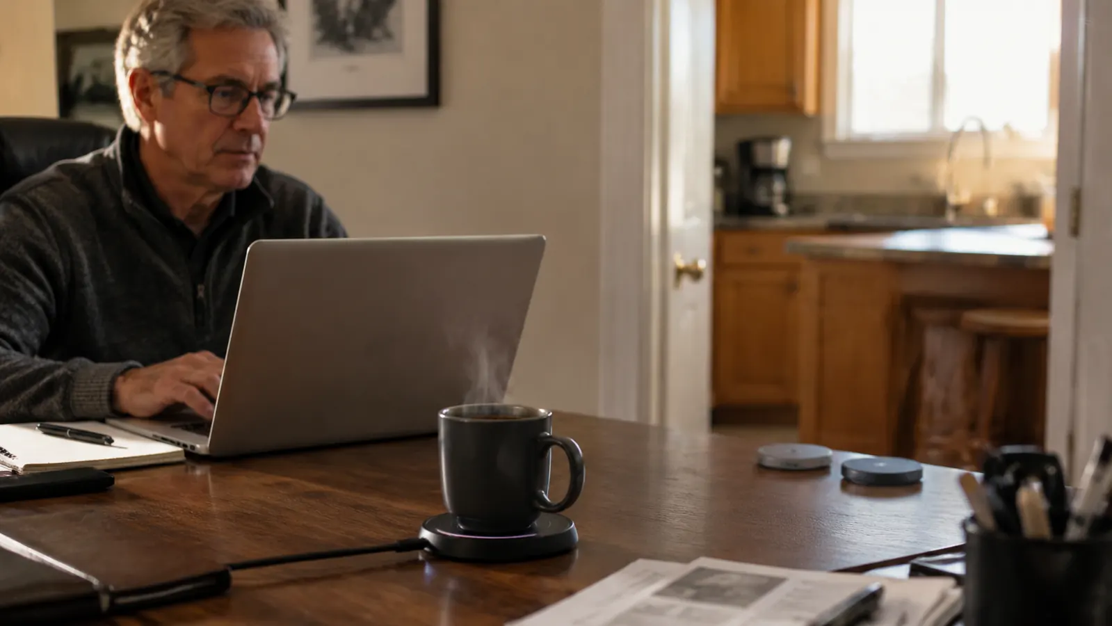 Three mug warmers lined up on a kitchen counter next to one plugged in and running on a home office desk