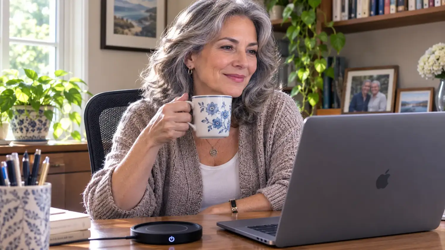 Woman working at a home office desk sipping coffee that has stayed warm on a desk mug warmer