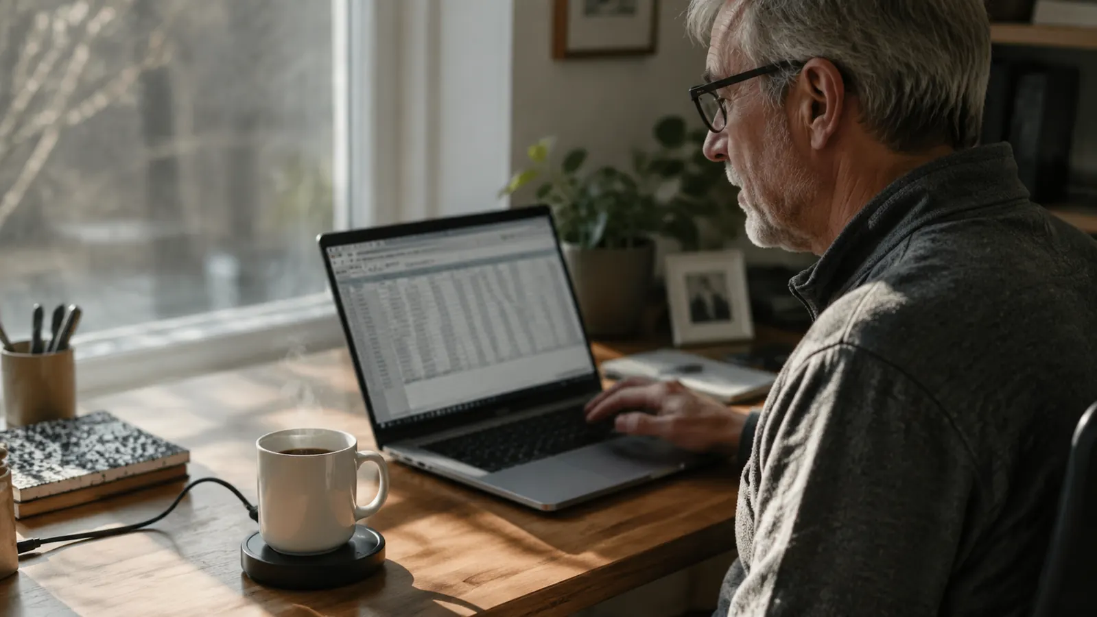 Black Mr. Coffee mug warmer on a home office desk holding a steaming ceramic mug of coffee