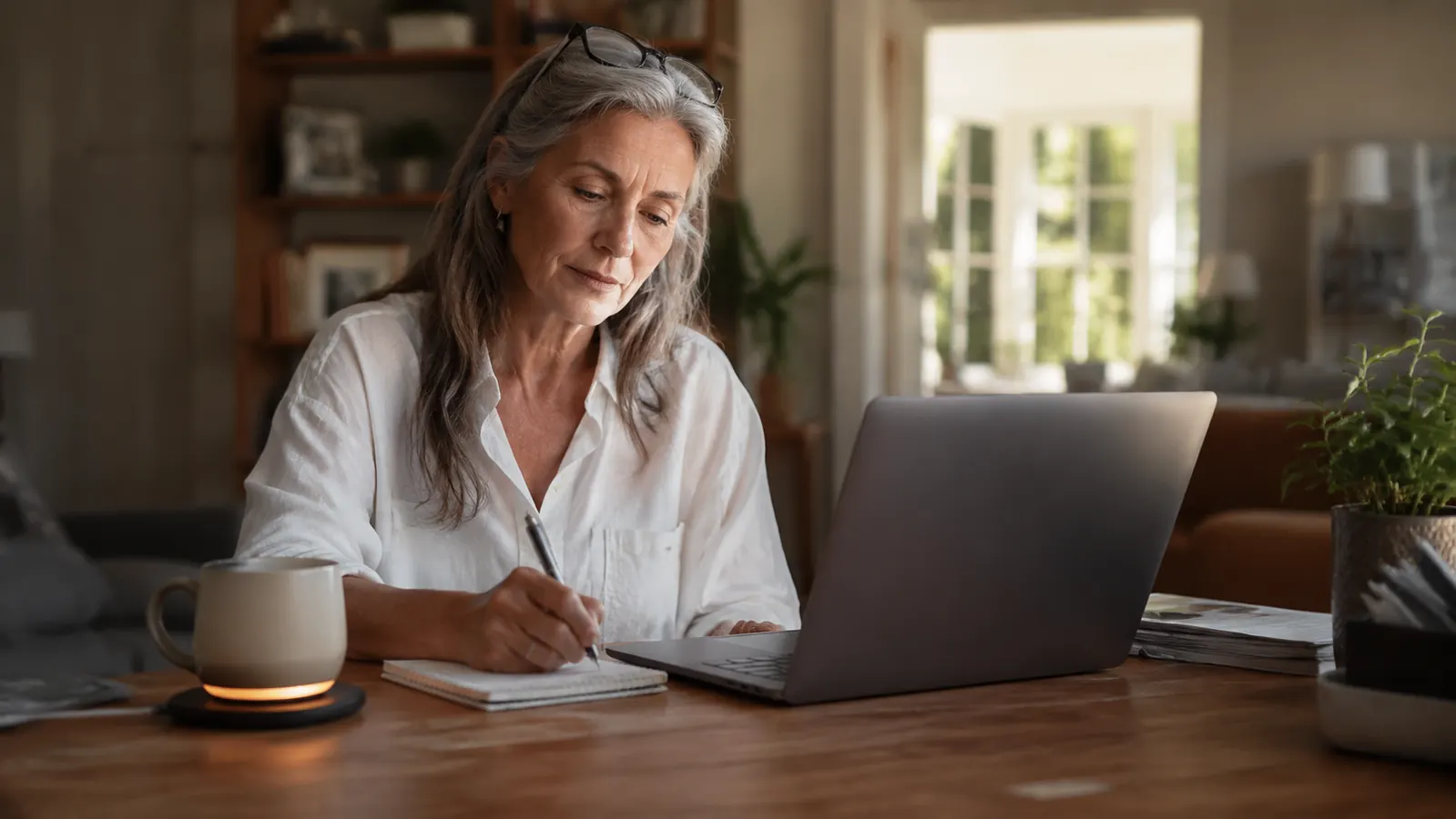 An older woman at her home office desk mid-workday, coffee mug warming beside her monitor