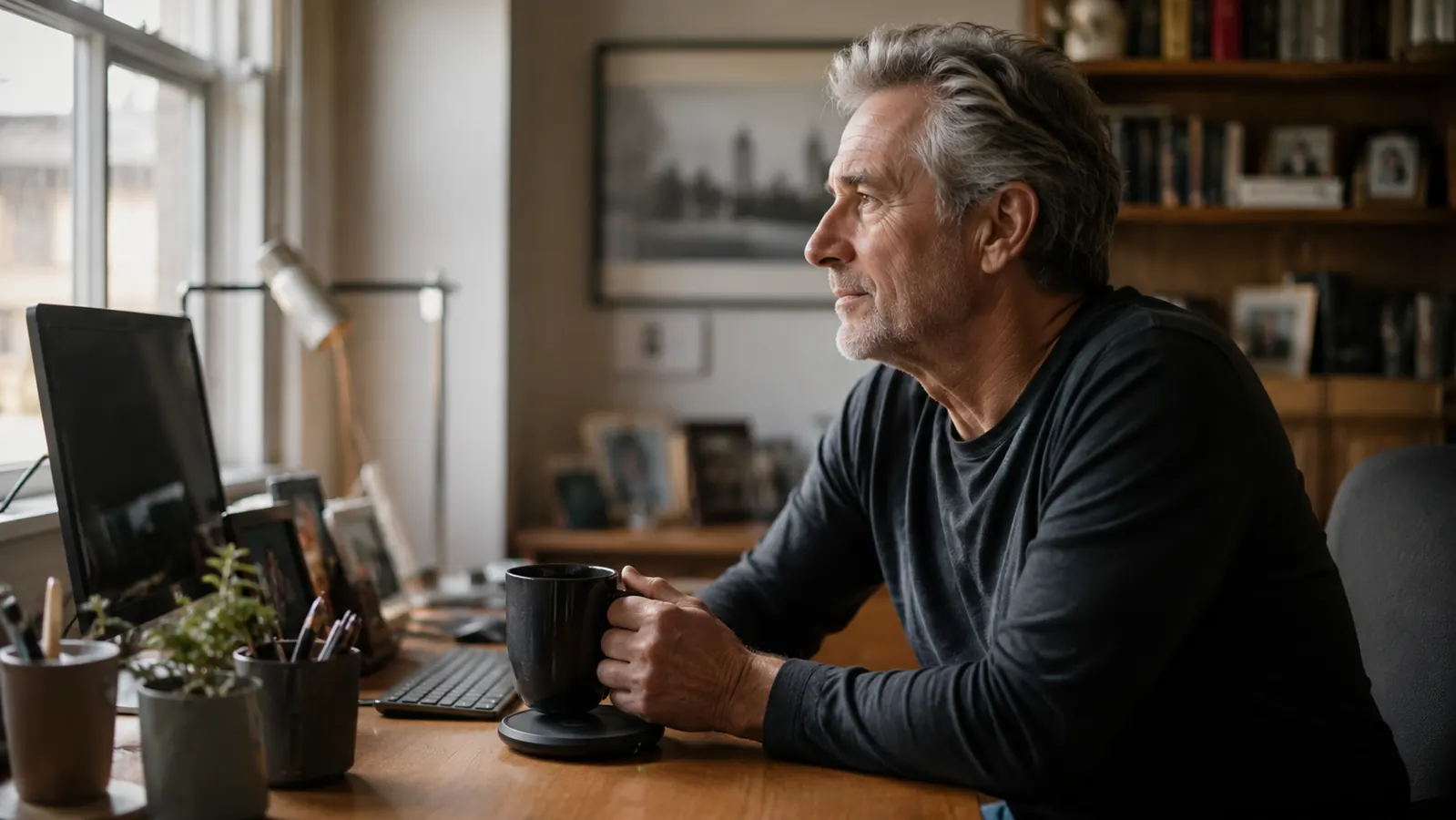 A steaming mug of coffee sitting on a small desk warmer next to a keyboard in a quiet home office