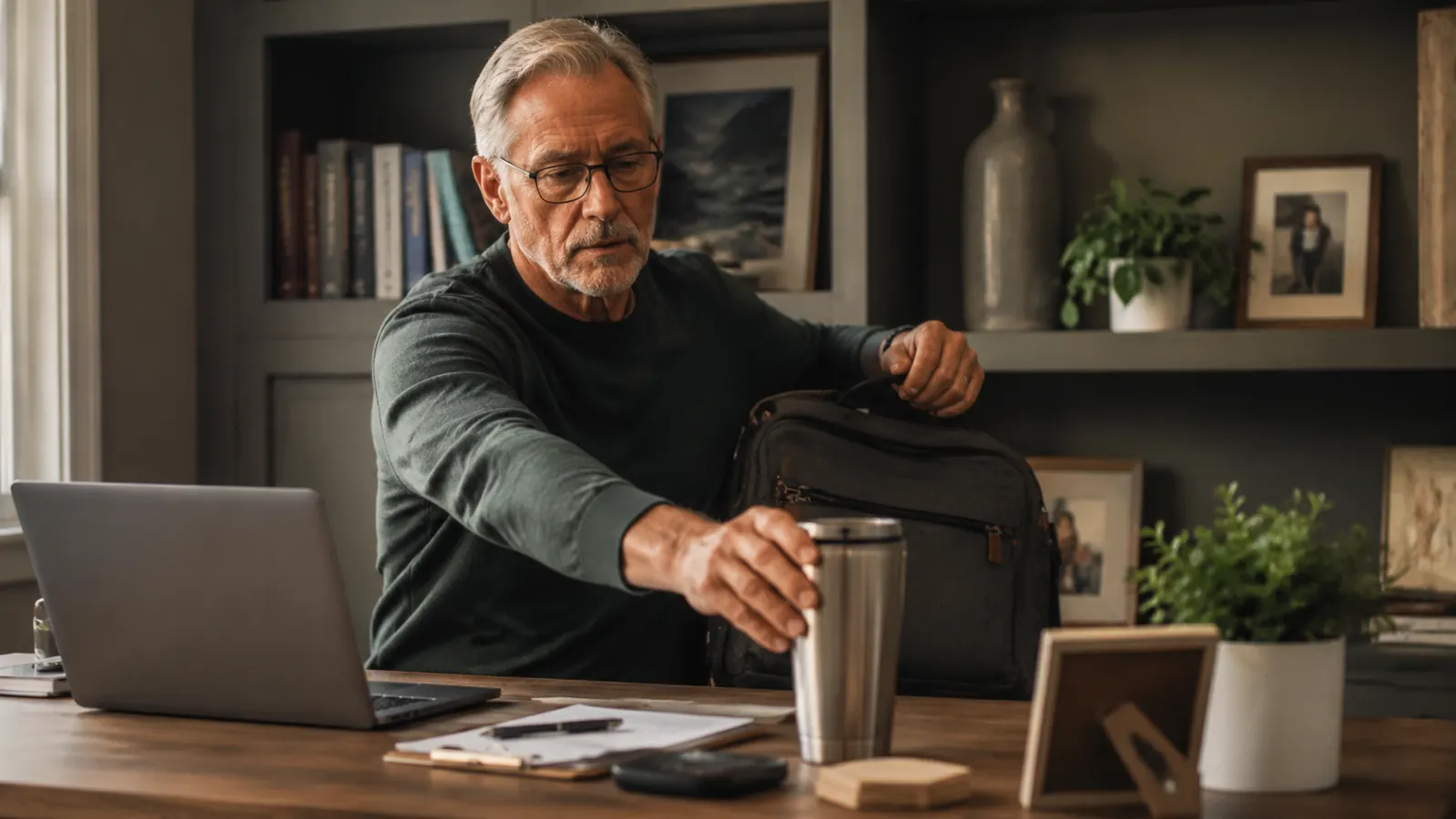 Person working at a home office desk with a travel mug nearby, getting ready to step away with laptop bag