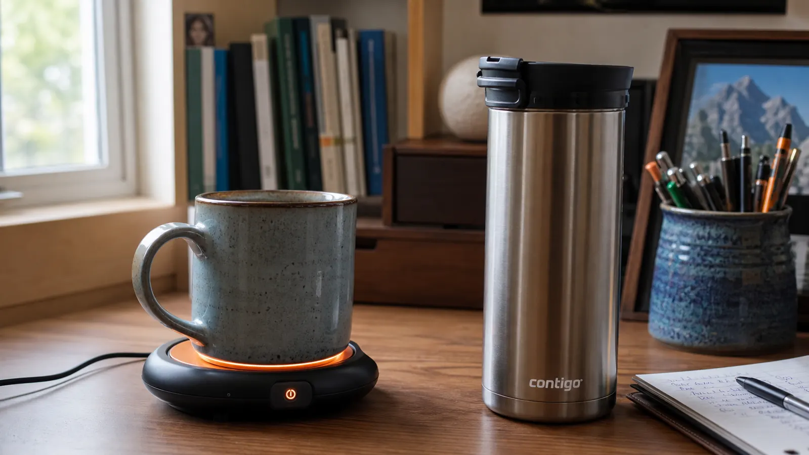 A mug warmer and an insulated travel mug sitting side by side on a home office desk next to a laptop
