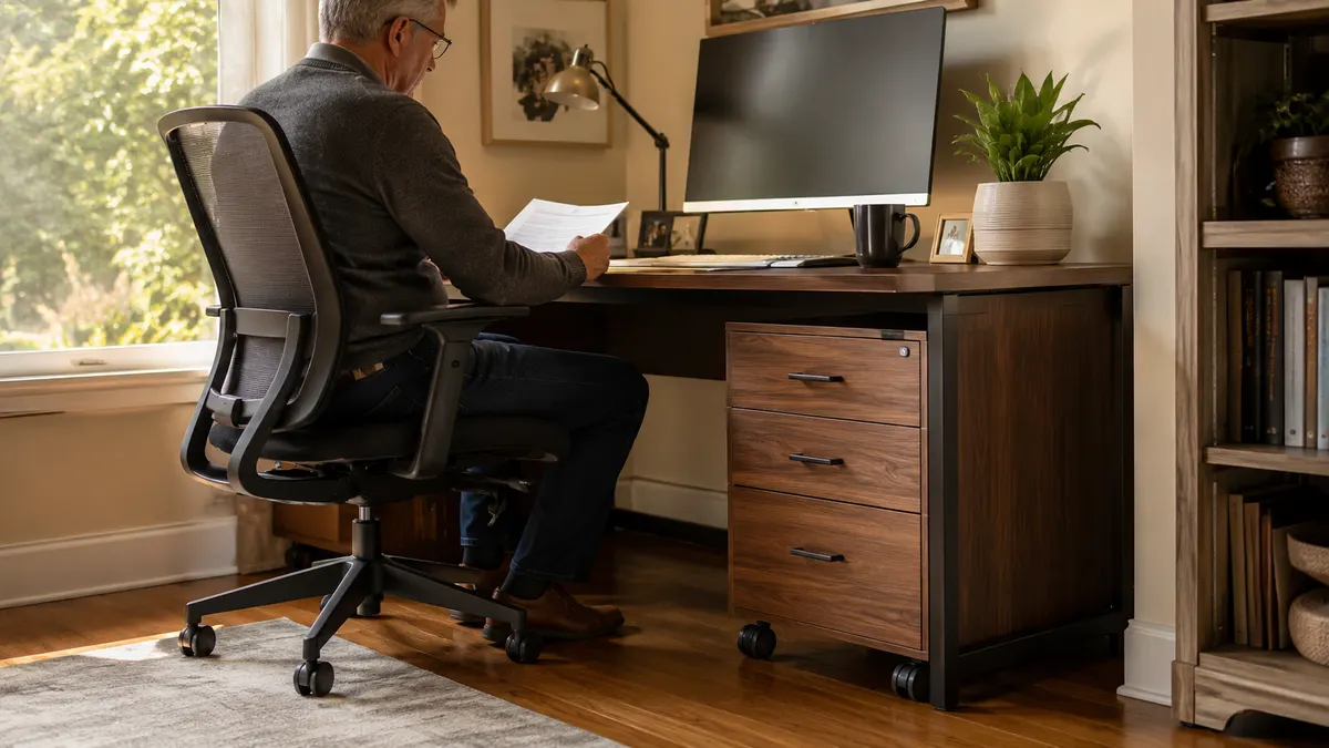 Walnut colored rolling file cabinet tucked under a home office desk next to a rolling office chair