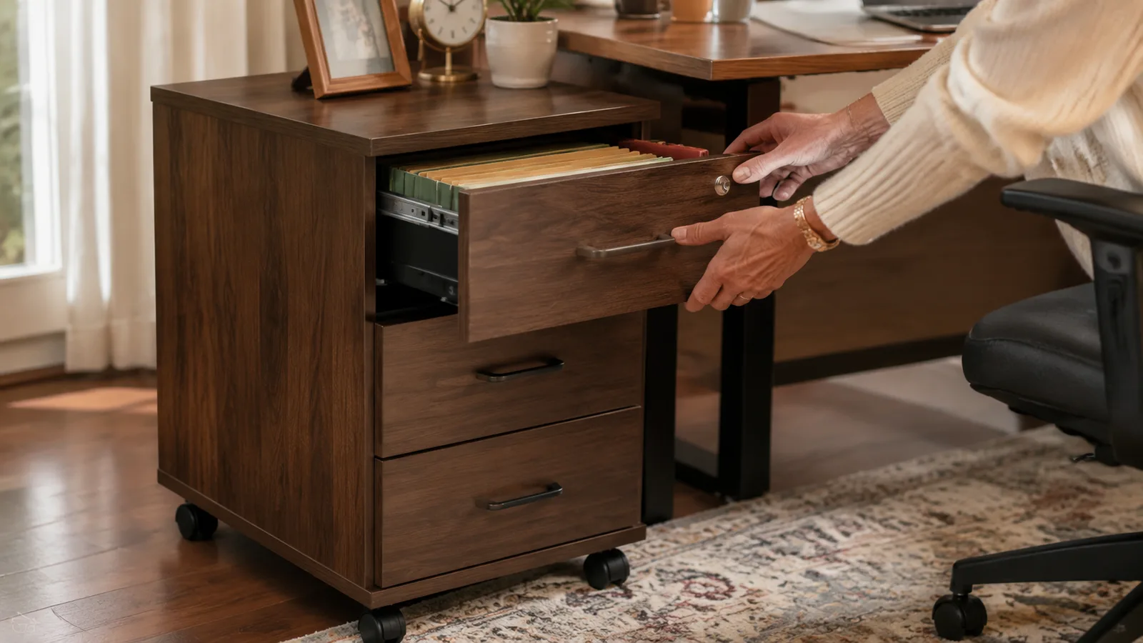 Hand pulling open the top utility drawer of the rolling file cabinet to reveal pens and notepads