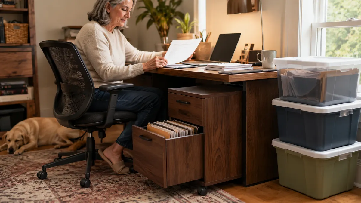 A walnut-finish rolling file cabinet tucked under a home office desk beside a stack of plastic storage bins